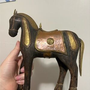Vintage Decorative Wooden Horse with Gold Accents